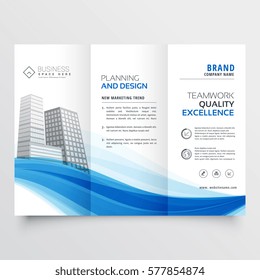 modern trifold brochure design layout template with blue wave