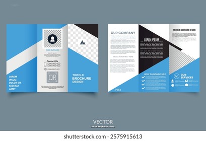 Modern Trifold Brochure Design Template with Blue and Black Accents. Vector