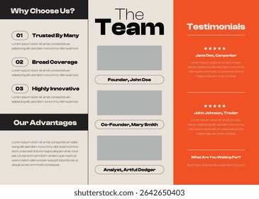 Modern trifold brochure layout featuring team introduction, testimonials, and business strengths. Ideal for startups, agencies, pitch decks, and professional marketing materials.