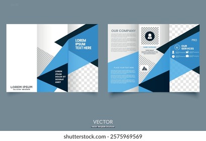 Modern tri-fold brochure template with an abstract geometric design in blue, black, and white tones. Suitable for corporate use, service presentations, company profiles, or business branding. 