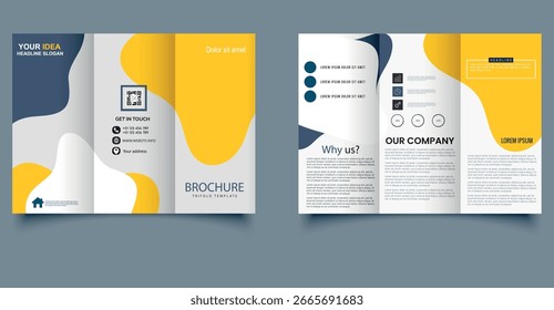 Modelo de Brochura Trifold Moderno com Formas Abstratas, perfeito para apresentações de negócios, perfis de empresa e materiais de marketing.