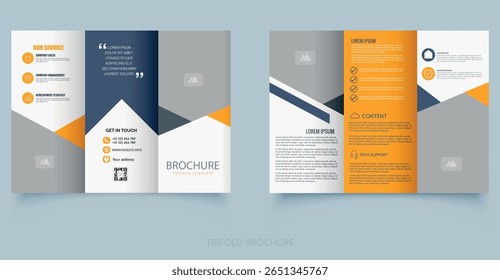Modern trifold brochure template with geometric design in orange, gray, and black colors. Ideal for corporate services, business presentations, or IT company marketing materials.