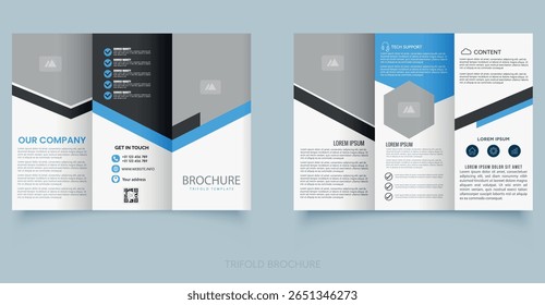 Modelo moderno de brochura com três dobras com design geométrico em cores azul e preto. Ideal para serviços corporativos, apresentações comerciais ou materiais de marketing da empresa de TI.