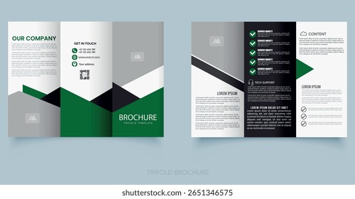 Modern trifold brochure template with geometric design in green and black colors. Ideal for corporate services, business presentations, or IT company marketing materials.