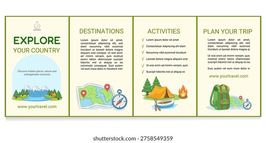 Modern trifold brochure template for outdoor travel and tourism promotion. Clean layout with sections for destinations, activities and trip planning, decorated with camping elements such as mountains, map, backpack and tent. Suitable for flyers, travel guides and marketing materials.