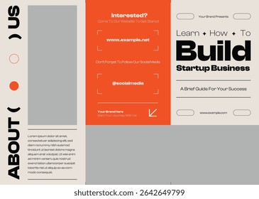 Modern trifold brochure template for startup business with bold typography, clean layout, and vibrant orange accents. Ideal for corporate branding, business guides, and promotional materials. - Powered by Shutterstock - Get 15% off with code: PIKWIZARD15