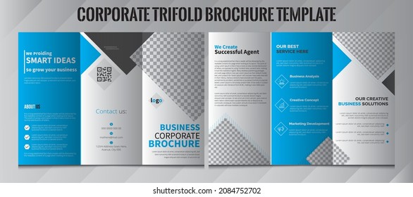 Modern trifold business brochure template, Tri-fold brochure design. Corporate business template for tri-fold flyer with rhombus square shapes. Corporate Tri-Fold Brochure Design Template. Blue, Black