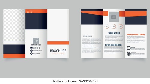 Modern Trifold Business Brochure Template. Professional trifold business brochure template in orange and dark  color scheme. Ideal for corporate marketing, consulting.