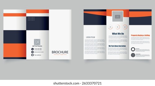 Modern Trifold Business Brochure Template. Professional trifold business brochure template in orange and dark blue color scheme. Ideal for corporate marketing, consulting.