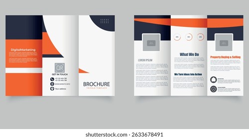 Modern Trifold Business Brochure Template. Professional trifold business brochure template in orange and dark blue color scheme. Ideal for corporate marketing, consulting.