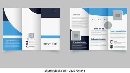 Modern Trifold Business Brochure Template. Professional trifold business brochure template in orange and dark blue color scheme. Ideal for corporate marketing, consulting.