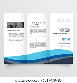 modern trifold leaflet brochure design in blue wave shape