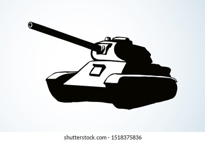 Modern troop missile shoot fire operation outline on white battlefield backdrop. Line black ink hand drawn aircraft howitzer wartime logo in art retro doodle cartoon style pen on paper space for text