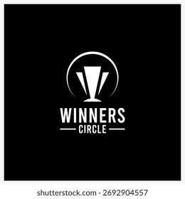 Modern trophy emblem logo design with winners circle typography