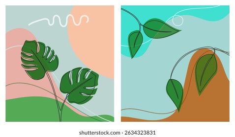 Modern tropical abstract background with bold green leaves and organic shapes. An artistic and versatile layout suitable for various creative projects.