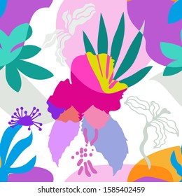 	
Arte tropical moderno, patrón vectorial con hojas geométricas estilizadas y flores. Colección textil de bañador de verano. Colorido en blanco.