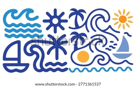 Modern Tropical Beach Icon Set with Waves Palm Trees Sun Sailboat Ocean Line Art Vector Illustration.