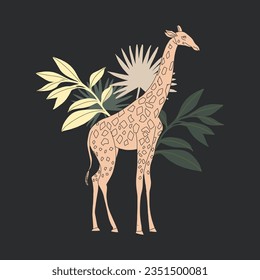 Modern tropical concept. Colorful abstract contemporary print design with giraffe, jungle plants and leaves. Modern trendy vector illustration. Cartoon style. Hand drawn unique print.