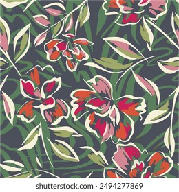 Modern tropical floral pattern. Colorful abstract contemporary seamless pattern. Hand drawn unique print,abstract,