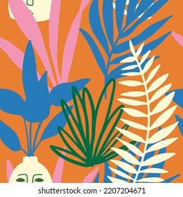Modern Tropical floral seamless pattern. Abstract flowers and palm leaves print. Trendy contemporary collage art.