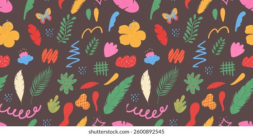 Modern tropical floral seamless pattern. Hand drawn vector print with doodle elements.