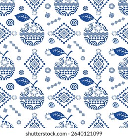 A modern tropical fruit pattern filled with intricate indigo geometric elements. Blending ethnic inspiration with contemporary design, this pattern is perfect for artistic and lifestyle products. 