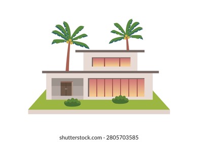 Modern tropical house with palm trees illustration. Tropical Residential House. Modern Beach House with Palm Trees. Luxury Tropical Villa Exterior.