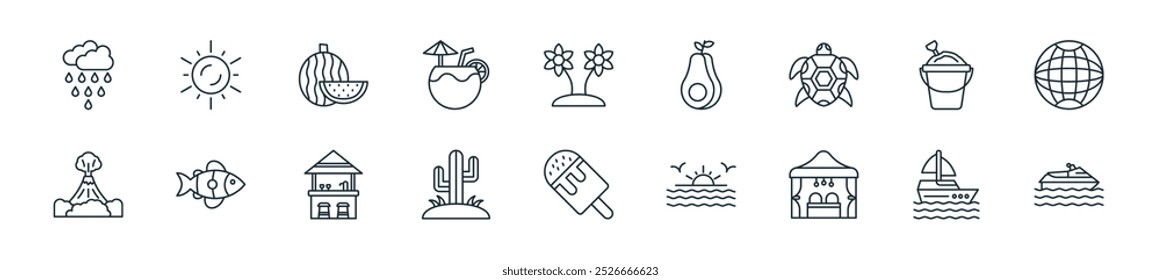 Icono tropical moderno. Perfecto para diseños de interfaz de usuario lineal con Vector, yate, cabaña de playa, sol, cactus, bar de playa y más iconos para móviles y Web