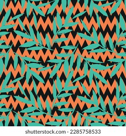 Modern Tropical Leafs And Zig Zag Lines Fashion Backgroun Pattern Seamless