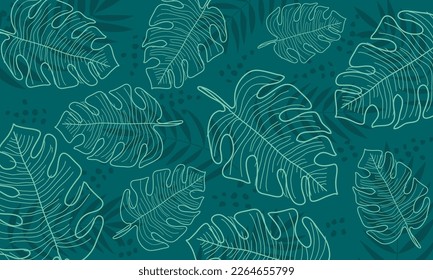 Modern tropical leaves background pattern. Jungle plants nature backdrop. Summer palm leaves wallpaper floral pattern with hand drawn leaves. Elegant astract background in minimalistic linear style.