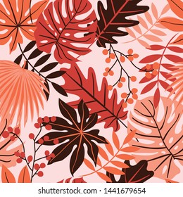 Modern Tropical Leaves Pattern. Autumnal Color Leaves Background