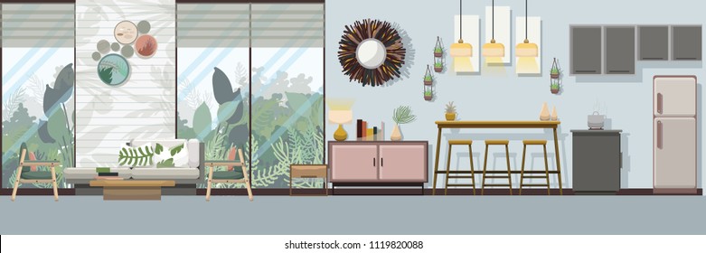 Modern tropical living room with furniture, Flat design vector illustration.
