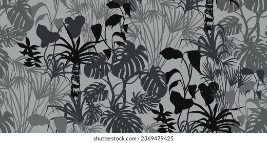 modern tropical monochrome pattern with monstera bushes in practical unisex shades on vector for surface and fabric design