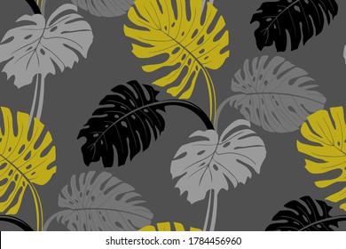 modern tropical pattern with monstera bushes in practical unisex shades in three colors gray black gold for surface and fabric design