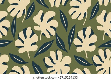 Modern tropical pattern seamless abstract monstera leaf shapes with beige foliage on olive green background stylish botanical design for textile fabric wallpaper surface decor.