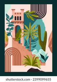Modern tropical poster. Abstract cover with green leaves, antique architecture, exotic plant and geometric shapes. Design element for wall. Cartoon flat vector illustration isolated on dark background