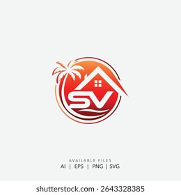Modern Tropical Real Estate Logo, Dynamic Beach House Realty Logo Featuring a Stylized Home, Palm Tree