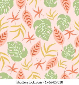Patrón tropical moderno sin costuras con hojas de monastera verdes y rosas. Papel tapiz tropical