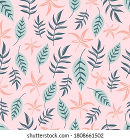 Modern tropical seamless pattern with green and pink leaves. 