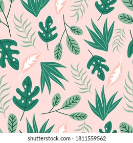 Modern tropical seamless pattern with green and pink leaves. 