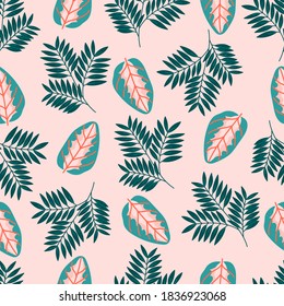 Modern tropical seamless pattern with green and pink leaves. 