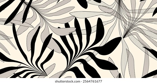 Modern tropical seamless pattern with stylized palm leaf silhouettes. Bold lines and a monochrome palette create a minimalist yet elegant aesthetic. Contemporary design with tropical vibes