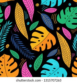 Modern tropical seamless pattern for textile, print, fabric. Stylized tropical leaves background.
