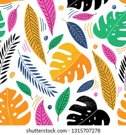 Modern tropical seamless pattern for textile, print, fabric. Stylized tropical leaves background.