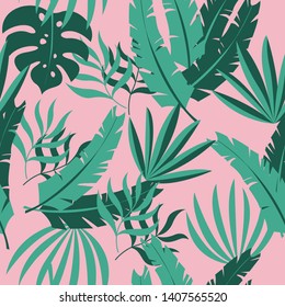 Modern tropical vector leaves seamless pattern on pink background. Exotic wallpaper.