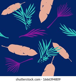 Modern Tropical Vector Seamless Pattern. Nice Summer Fashion. Doodle Floral Background. Feather Banana Leaves Dandelion Monstera Tropical Seamless Pattern. Elegant Male Shirt Female Dress Texture.