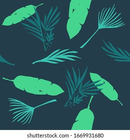 Modern Tropical Vector Seamless Pattern. Dandelion Banana Leaves Feather Monstera Tropical Seamless Pattern. Drawn Floral Background. Cool Summer Fabrics. Beautiful Male Shirt Female Dress Texture.