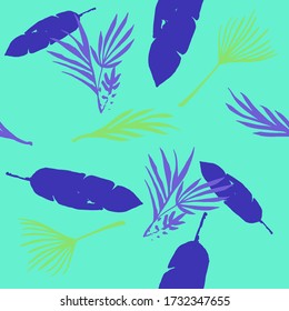 Modern Tropical Vector Seamless Pattern. Feather Monstera Banana Leaves Dandelion Tropical Seamless Pattern. Beautiful Male Shirt Female Dress Texture. Fine Summer Fabrics. Doodle Floral Background.