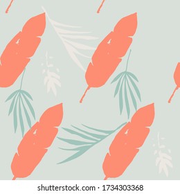 Modern Tropical Vector Seamless Pattern. Chic Summer Fabrics. Beautiful Male Shirt Female Dress Texture. Monstera Feather Dandelion Banana Leaves Tropical Seamless Pattern. Painted Floral Background.