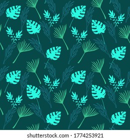 Modern Tropical Vector Seamless Pattern. Beautiful Male Shirt Female Dress Texture. Banana Leaves Dandelion Feather Monstera Tropical Seamless Pattern. Nice Summer Fabrics. Drawn Floral Background.